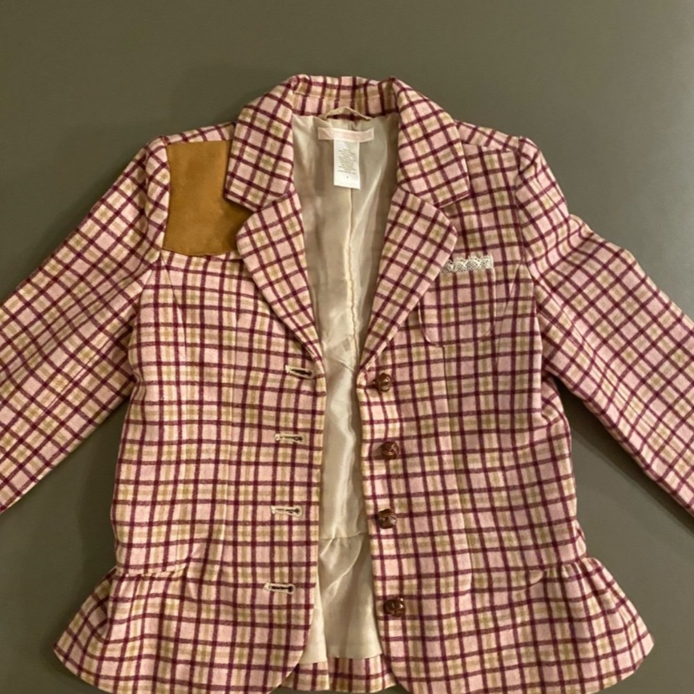 Janie and Jack Pink Checkered Blazer with Tan Patch